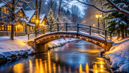 Obraz premium Snowy Bridge with Christmas Lights in Winter Park