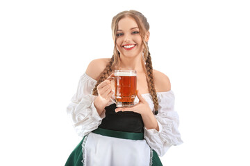 Beautiful Octoberfest waitress with beer on white background