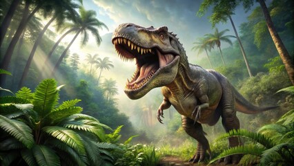 A prehistoric Tyrannosaurus Rex stands majestically in a lush, green jungle, its scaly skin and sharp teeth a testament to its ancient, powerful dominance.