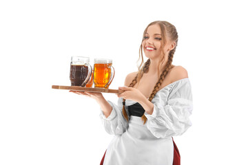 Beautiful Octoberfest waitress with beer on white background