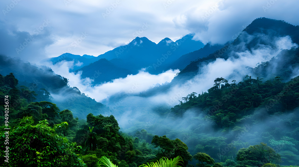 Sticker view mountain range with low lying clouds