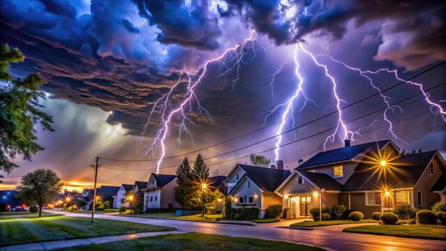 Dramatic lightning storm illuminates a suburban neighborhood, casting an ominous glow on homes with wind-whipped trees and power lines, amidst dark and turbulent clouds.