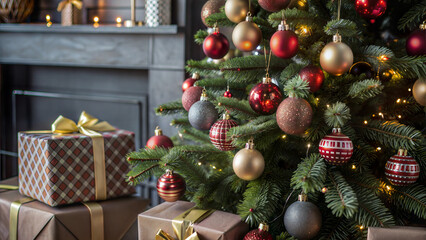 Christmas Tree Decorated with Red and Gold Ornaments and Presents