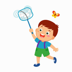 Happy cute kid boy catch bug vector stock illustration
