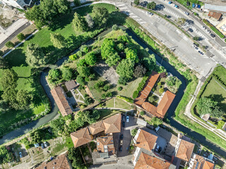 Aerial view of angled bastion on the medieval city wall protecting Padova Italy. Prime example of renaissance Italian military architecture