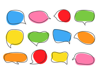 Doodle Speech bubble set. Outline Message clouds Collection. Childish Dialogue icon. Quote Frame background. Fun colorful hand drawn conversation Balloon. Vector illustration