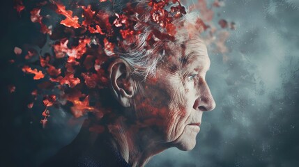 World Alzheimer's Month in September. Raising awareness about memory loss, dementia, and aging illnesses. Sad abstract elderly portrait