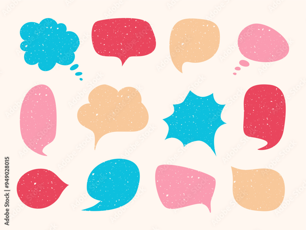 Poster colorful speech bubble with scratched texture set. grunge message clouds set. hand drawn conversatio