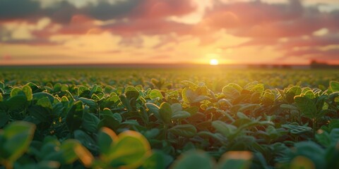 Soybean field landscape during sunset Large scale cultivation of soybean sprouts Soy plants thriving in a vast field