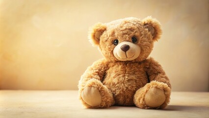 A soft focus shot of a cuddly brown teddy bear sitting alone on a cream-colored background, exuding warmth and comfort with its endearing expression.