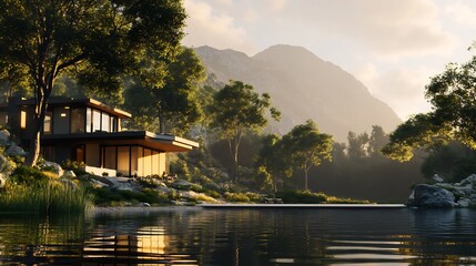 Fototapeta premium Modern House on a Hillside with a Lake View
