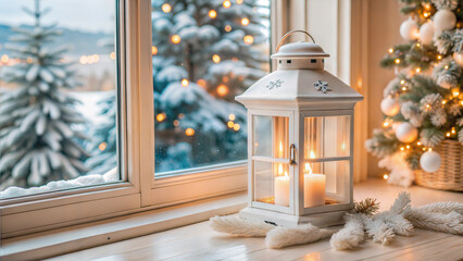 Window sill with Christmas lantern, pine branches, and holiday decorations in a winter setting