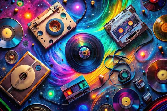 Eclectic mix of vinyl records CDs cassette tapes hipster's analog playlist eclectic beats jazzy vibe retro futurism cosmic swirls bright neon accents dynamic energy