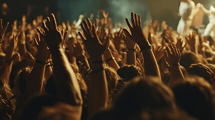 Crowd is raising their hands and cheering while enjoying a concert with spotlights illuminating the stage. The audience is fully engaged in the performance