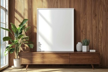Poster Frame Mockup on Wooden Interior Background created with Generative AI