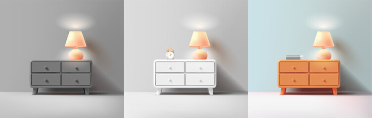 A set of colorful minimalistic 3D bedside tables with a table lamp, books, and an alarm clock. Realistic modern interior image for design concepts. Rest, comfort, learning. Vector illustration.