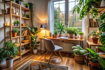 Cozy reading nook desk setup with plants