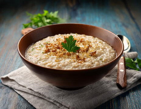 A bowl of harees (savoury porridge). a dish of boiled, cracked, or coarsely-ground cracked wheat or bulgur, mixed with meat and seasoned.