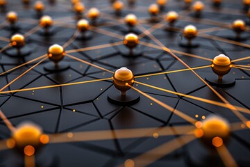 Golden Spheres Connected by Lines on a Black Geometric Background