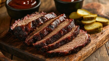 Deliciously Smoked Juicy Brisket Slices with Pickles and BBQ Sauce Delight