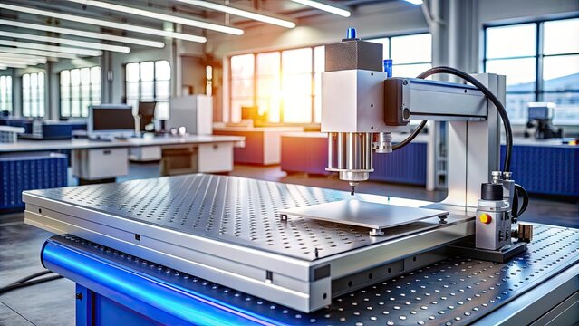 Elegant, high-tech industrial marking machine with precision laser engraving and cutting capabilities, sitting on a modern workshop table with metal parts and tools nearby.
