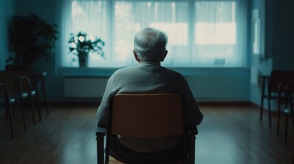 Fototapeta premium An elderly individual sits quietly in a nursing home, facing away while surrounded by empty chairs, emphasizing solitude and isolation. Generative AI