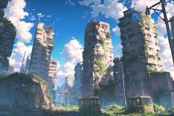 A desolate, post-apocalyptic cityscape with crumbling buildings, overgrown vegetation, and a dramatic sky, anime style