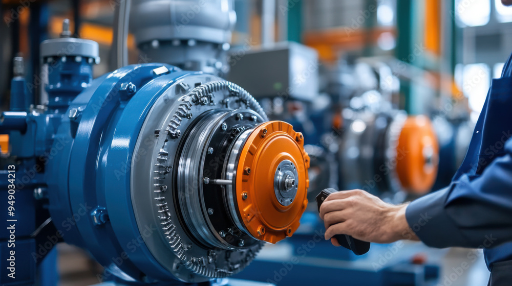 Poster close-up of an engineer using a tool to work on the assembly of a large industrial machine in a fact