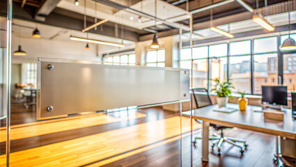 Glass Plaque in Open Modern Office with Transparent Walls and Contemporary Design
