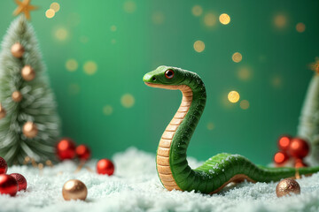 Fototapeta premium Green snake-like toy with red eyes, sitting on a snowy surface next to Christmas trees and ornaments.