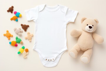 White cotton baby short sleeve bodysuit, teddy bear and natural wooden eco-friendly toys on green background. Infant onesie mockup. Blank gender neutral newborn bodysuit template mock up. Top view