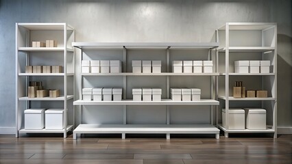 Empty white shelf with customizable labels and placeholder boxes, perfect for product placement and branding, against a clean and minimalist gray store background.