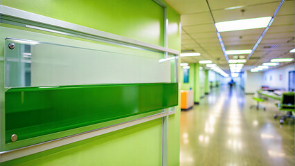 Vibrant Green Office Nameplate on Partition Wall in Open Workspace with Bright Lighting and Plants in Modern Hospital
