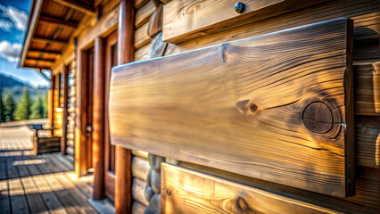 Wooden nameplate with natural grain texture mounted on rustic outdoor wall in bright sunlight