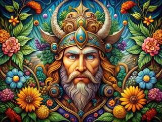 Obraz premium Epic Norse Mythology Illustrations of Asgardian Gods in Vibrant Colors with Ancient Scroll Details and Whimsical Florals