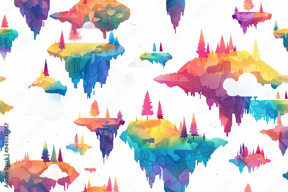 Poster a colorful fantasy landscape with floating islands surrounded by clouds and trees.