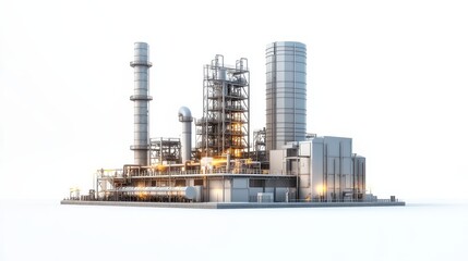 A natural gas power plant with cooling towers stands operational under a bright sky, featuring multiple structures and piping systems