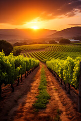 Fototapeta premium Aesthetically Captivating Vineyard: The Majestic Domain of Grapevines Under the Warm Hues of the Setting Sun