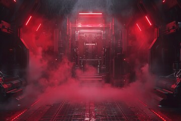 Red Neon Lights in Futuristic Corridor