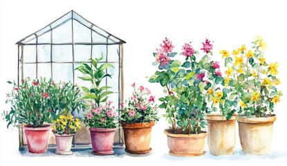 two different Watercolor painting of a greenhouse with potted plants and flowers, isolated on a white background