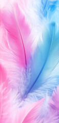 Obraz premium A close-up of soft, flowing feathers in pastel blue and pink hues resembles delicate petals or wings with subtle textures.Copy space,flat lay