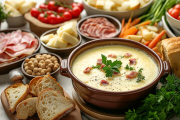 Luxurious cheese fondue with a variety of bread, vegetables, and meats for dipping