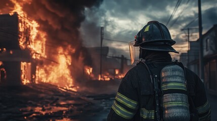 Naklejka premium Firefighter Facing Burning Building