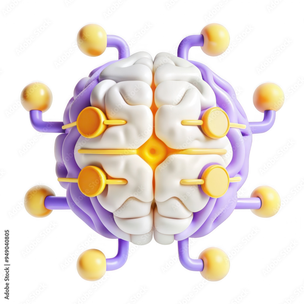 Poster 3d render of brain model with colorful connectors and nodes isolated on black background