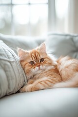 Adorable Ginger Persian Cat Relaxing on Cozy Sofa