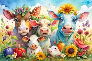 Naklejka premium Farm animal watercolor illustrations whimsical color palette