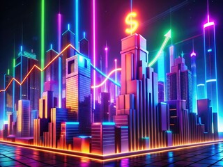 fast 3d animation quick money financial growth futuristic neon cityscape high energy vibrant colors dynamic motion money symbols rising graphs