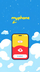 A logo featuring an abstract shape, the text "My Phone," a cartoon design with clouds and a sky blue background, and a red box below with the message "Swipe to Unlock."