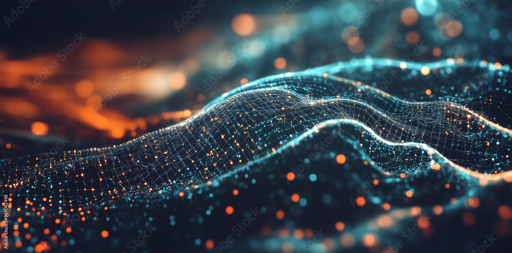 Poster abstract data flow background with glowing particles and dynamic waves, creating a sense of depth an