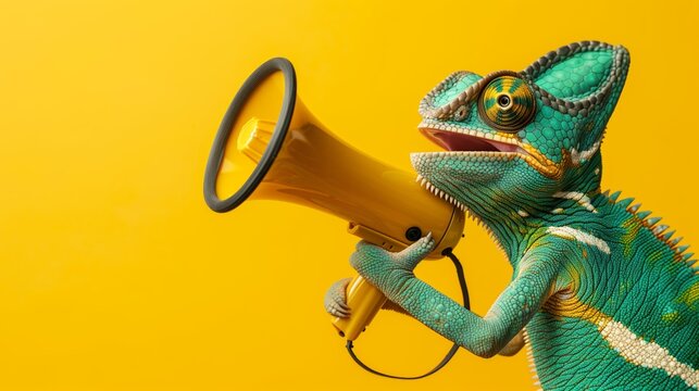 A colorful chameleon wearing glasses enthusiastically uses a megaphone to capture attention on a vibrant yellow backdrop